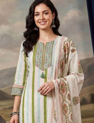 Women Floral Printed Regular Thread Work Cotton Kurta With Trouser & Dupatta 4