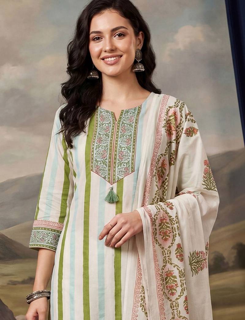 Women Floral Printed Regular Thread Work Cotton Kurta With Trouser & Dupatta