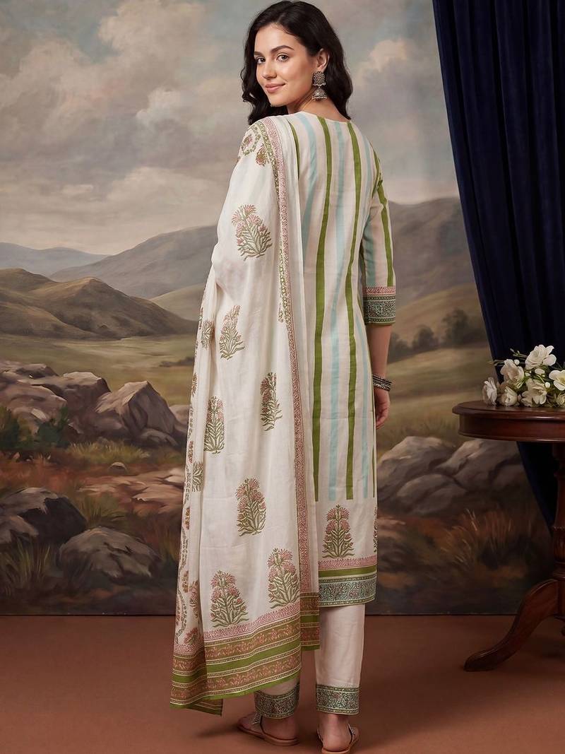 Women Floral Printed Regular Thread Work Cotton Kurta With Trouser & Dupatta