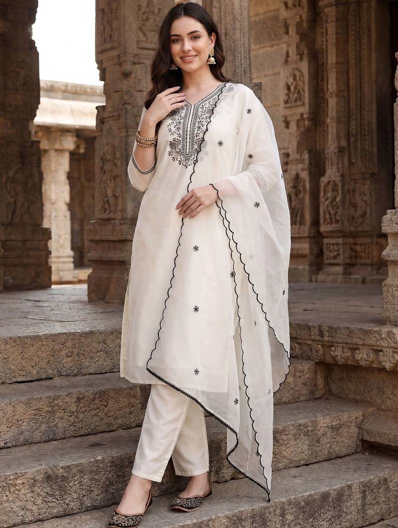 Ethnic Motifs Embroidered Thread Work Kurta with Trousers & With Dupatta