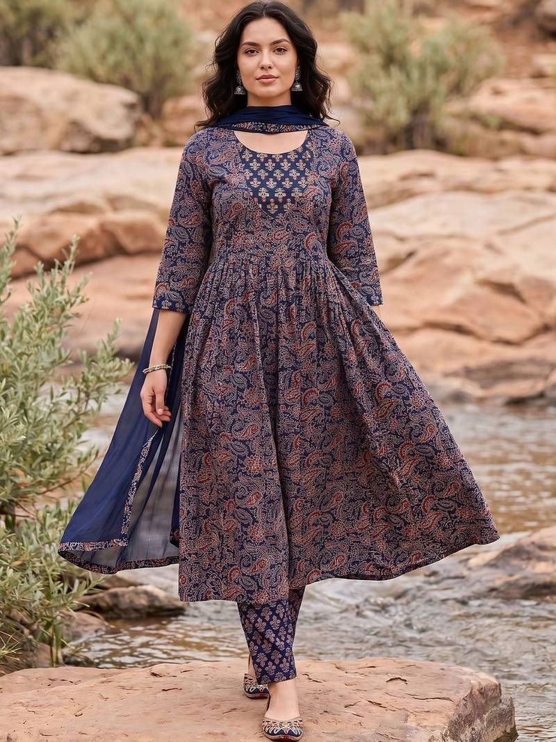 Women Ethnic Motifs Printed Empire Pure Cotton Kurta with Trousers & With Dupatta