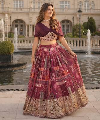 Maroon Silk Free Size Stitched Lehenga Choli with Foil Embroidery & Printed Work 1