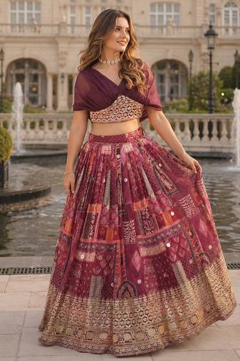 Maroon Silk Free Size Stitched Lehenga Choli with Foil Embroidery & Printed Work