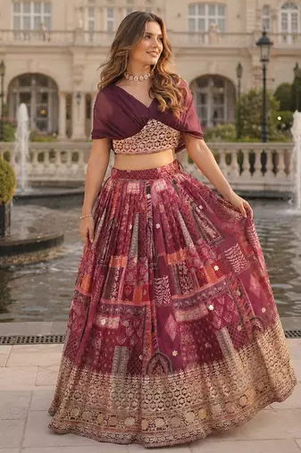 Maroon Silk Free Size Stitched Lehenga Choli with Foil Embroidery & Printed Work
