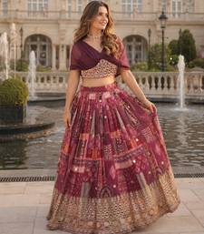 Maroon Silk Free Size Stitched Lehenga Choli with Foil Embroidery & Printed Work