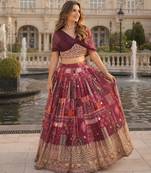 Maroon Silk Free Size Stitched Lehenga Choli with Foil Embroidery & Printed Work