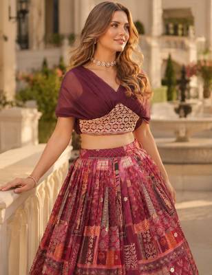 Maroon Silk Free Size Stitched Lehenga Choli with Foil Embroidery & Printed Work 2