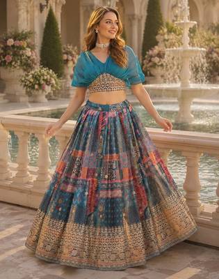 Blue silk blend Free Size Stitched Lehenga Choli with Foil Embroidery & Printed Work 1