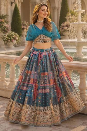 Blue silk blend Free Size Stitched Lehenga Choli with Foil Embroidery & Printed Work