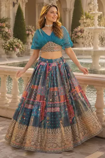 Blue silk blend Free Size Stitched Lehenga Choli with Foil Embroidery & Printed Work
