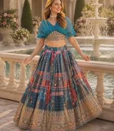 Blue silk blend Free Size Stitched Lehenga Choli with Foil Embroidery & Printed Work