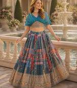 Blue silk blend Free Size Stitched Lehenga Choli with Foil Embroidery & Printed Work