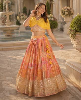 Orange silk blend Free Size Stitched Lehenga Choli with Foil Embroidery & Printed Work 1