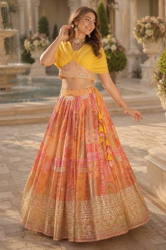 Orange silk blend Free Size Stitched Lehenga Choli with Foil Embroidery & Printed Work