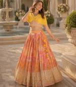 Orange silk blend Free Size Stitched Lehenga Choli with Foil Embroidery & Printed Work