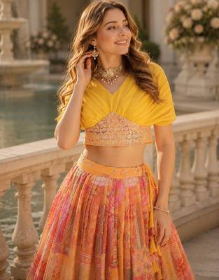 Orange silk blend Free Size Stitched Lehenga Choli with Foil Embroidery & Printed Work 2