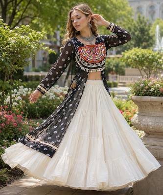 White Cotton Free Size Stitched Navratri Lehenga Choli with Bandhani & Kutchi Patch Work 1