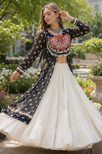 White Cotton Free Size Stitched Navratri Lehenga Choli with Bandhani & Kutchi Patch Work