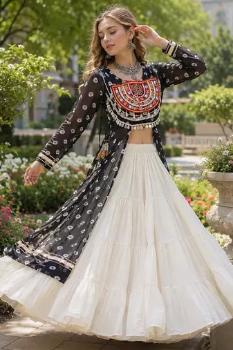 White Cotton Free Size Stitched Navratri Lehenga Choli with Bandhani & Kutchi Patch Work