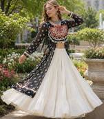 White Cotton Free Size Stitched Navratri Lehenga Choli with Bandhani & Kutchi Patch Work