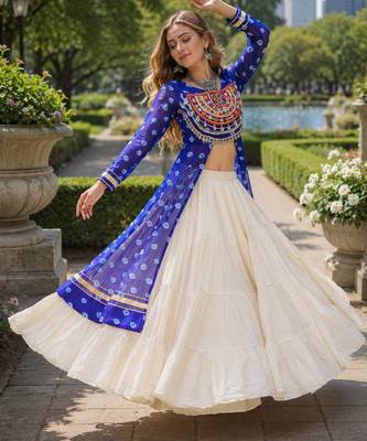 White Cotton Free Size Stitched Navratri Lehenga Choli with Bandhani & Kutchi Patch Work 1