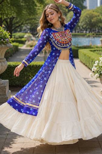 White Cotton Free Size Stitched Navratri Lehenga Choli with Bandhani & Kutchi Patch Work