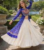 White Cotton Free Size Stitched Navratri Lehenga Choli with Bandhani & Kutchi Patch Work