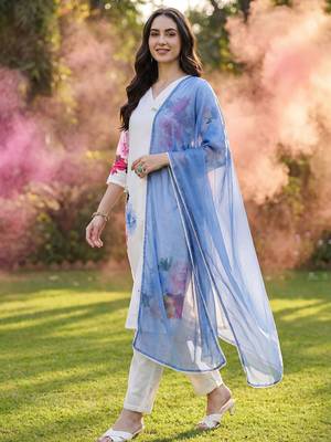 Floral Printed Beads and Stones Linen Straight Kurta with Trouser & Dupatta 1