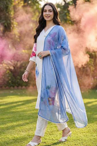 Floral Printed Beads and Stones Linen Straight Kurta with Trouser & Dupatta