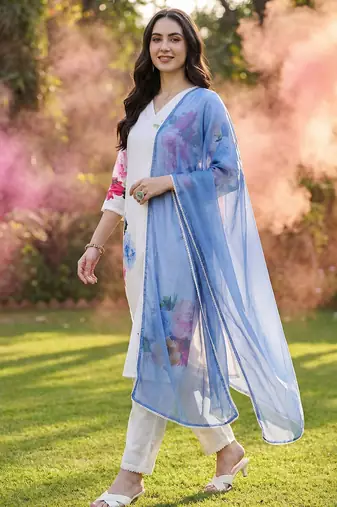 Floral Printed Beads and Stones Linen Straight Kurta with Trouser & Dupatta