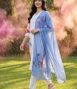 Floral Printed Beads and Stones Linen Straight Kurta with Trouser & Dupatta