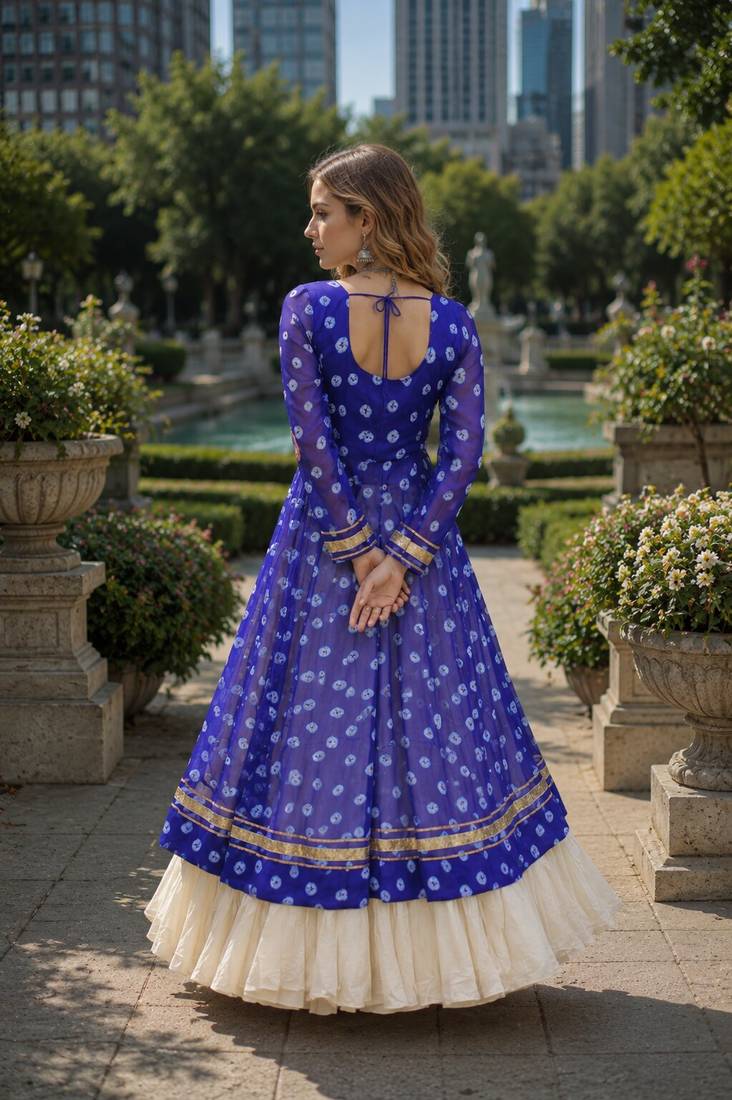 White Cotton Free Size Stitched Navratri Lehenga Choli with Bandhani & Kutchi Patch Work