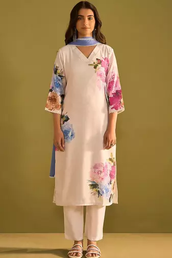 Floral Printed Beads and Stones Linen Straight Kurta with Trouser & Dupatta