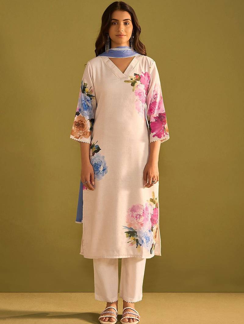 Floral Printed Beads and Stones Linen Straight Kurta with Trouser & Dupatta