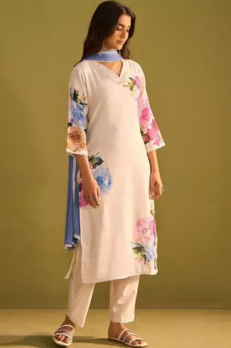 Floral Printed Beads and Stones Linen Straight Kurta with Trouser & Dupatta