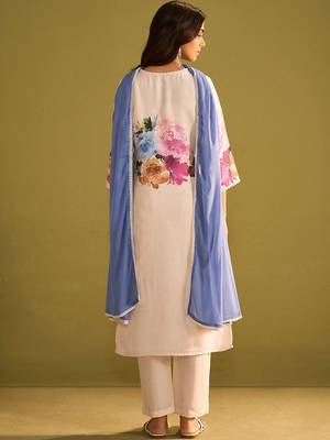 Floral Printed Beads and Stones Linen Straight Kurta with Trouser & Dupatta 5