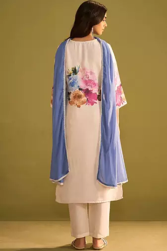 Floral Printed Beads and Stones Linen Straight Kurta with Trouser & Dupatta