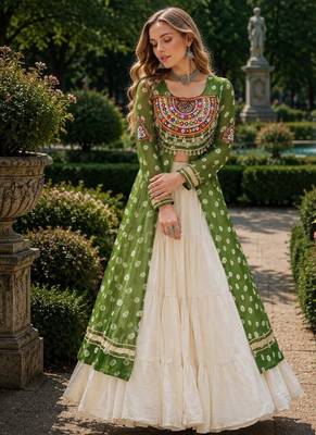 White Cotton Free Size Stitched Navratri Lehenga Choli with Bandhani & Kutchi Patch Work 1