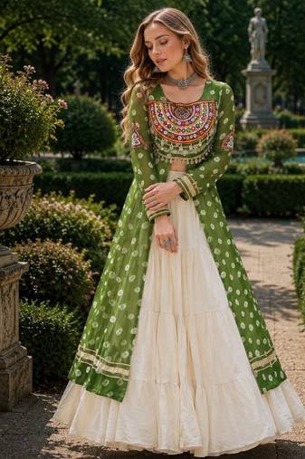 White Cotton Free Size Stitched Navratri Lehenga Choli with Bandhani & Kutchi Patch Work