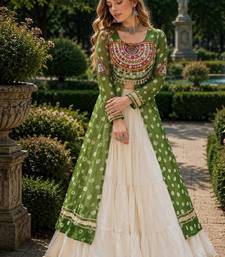 White Cotton Free Size Stitched Navratri Lehenga Choli with Bandhani & Kutchi Patch Work