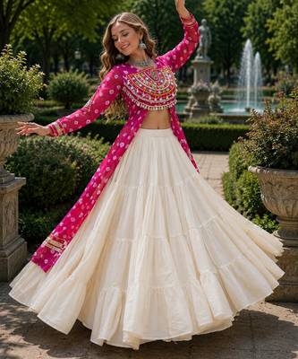 White Cotton Free Size Stitched Navratri Lehenga Choli with Bandhani & Kutchi Patch Work 1