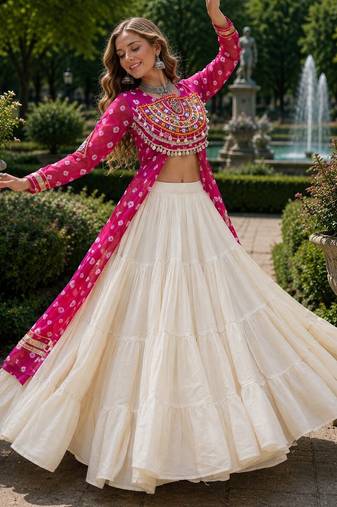 White Cotton Free Size Stitched Navratri Lehenga Choli with Bandhani & Kutchi Patch Work