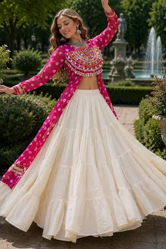 White Cotton Free Size Stitched Navratri Lehenga Choli with Bandhani & Kutchi Patch Work