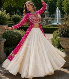 White Cotton Free Size Stitched Navratri Lehenga Choli with Bandhani & Kutchi Patch Work