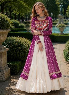 White Cotton Free Size Stitched Navratri Lehenga Choli with Bandhani & Kutchi Patch Work 1