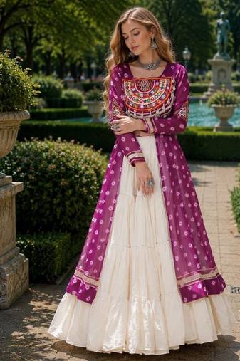White Cotton Free Size Stitched Navratri Lehenga Choli with Bandhani & Kutchi Patch Work