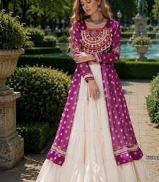 White Cotton Free Size Stitched Navratri Lehenga Choli with Bandhani & Kutchi Patch Work