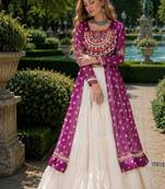White Cotton Free Size Stitched Navratri Lehenga Choli with Bandhani & Kutchi Patch Work