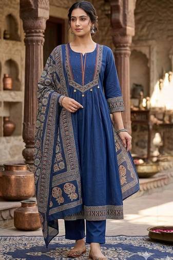 Women Ethnic Motifs Printed Empire Thread Work Pure Cotton Kurta with Trousers & With Dupatta