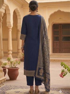 Women Ethnic Motifs Printed Empire Thread Work Pure Cotton Kurta with Trousers & With Dupatta 3
